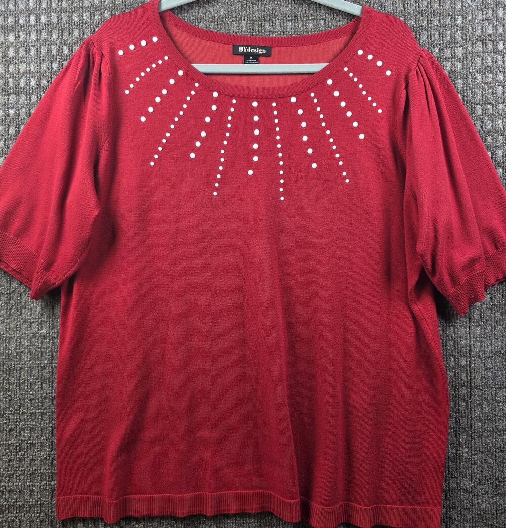 Women's Red Short Sleeve Embellished Knit Top Size XL